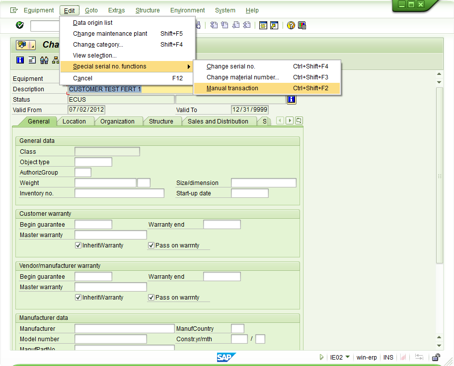 Sap serial number status estoy